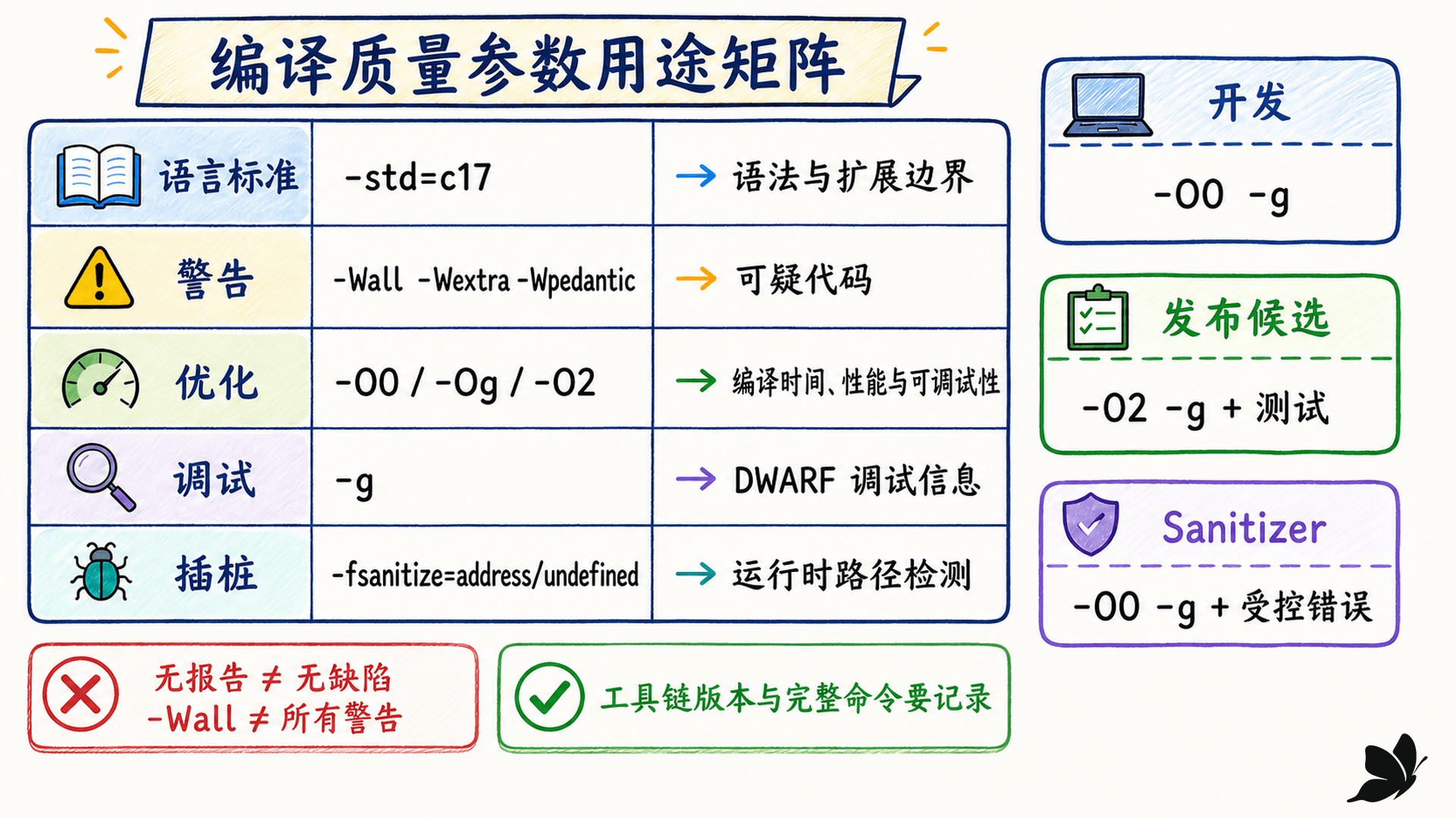 语言标准、警告、优化、调试信息与 Sanitizer 的用途矩阵