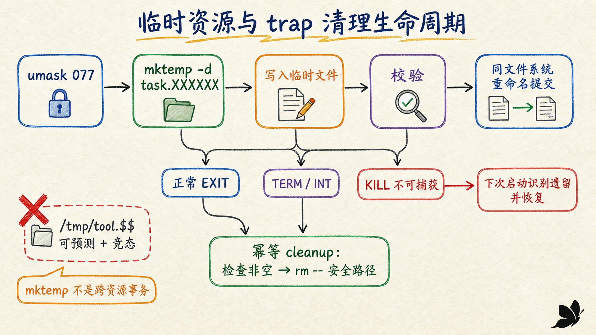 mktemp 创建、写入、校验、信号处理、提交和幂等清理的资源生命周期