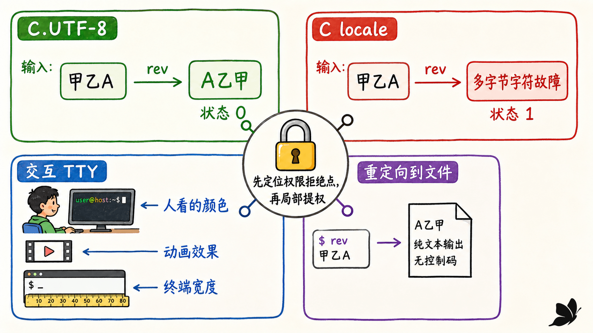 中文文本在 UTF-8 locale、C locale、交互终端和重定向场景中的不同处理路径