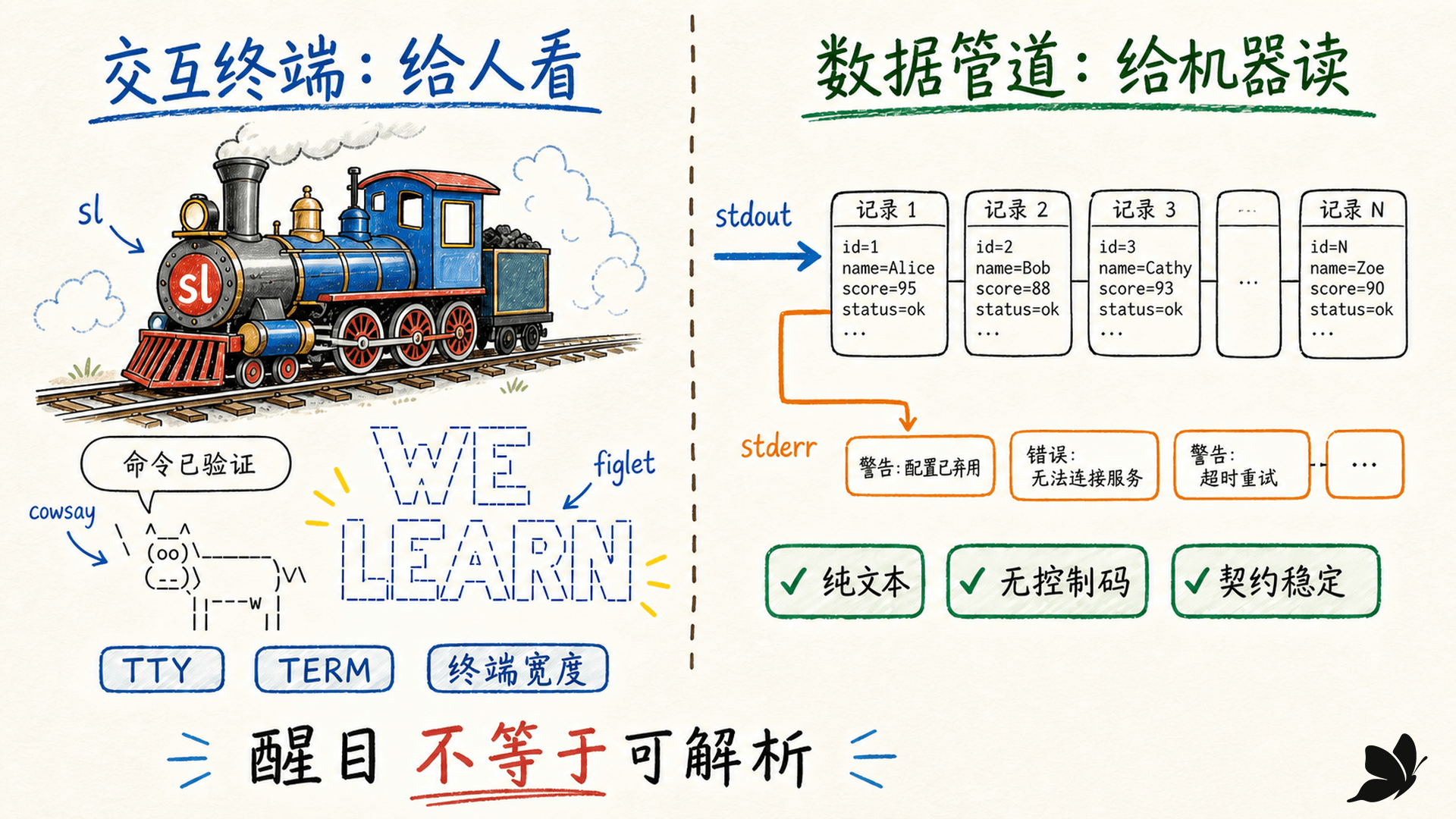 蒸汽机车、说话的小牛和字符画标题在交互终端与数据管道之间的边界