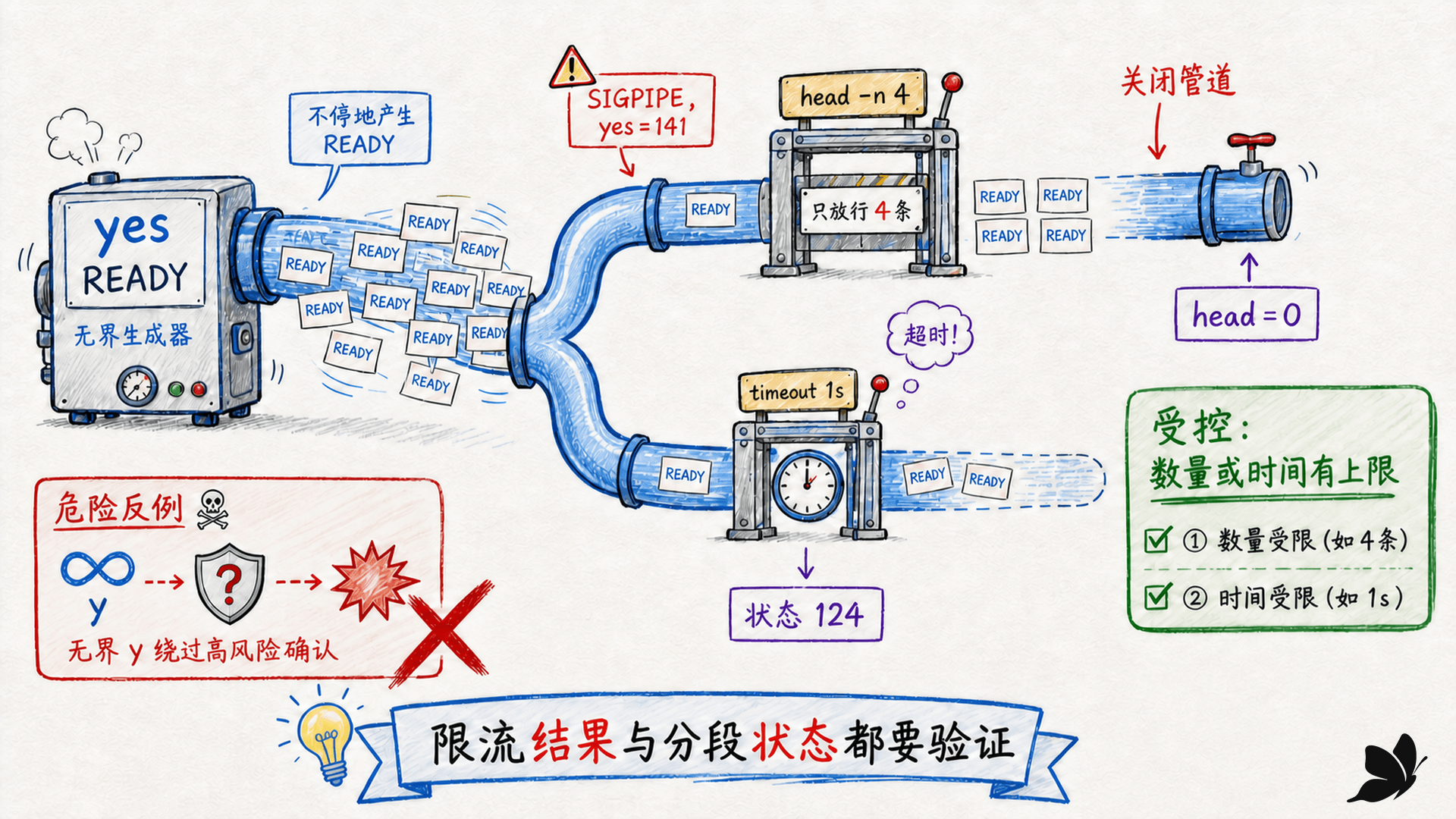 yes 无界生成器经 head、timeout 和状态检查形成受控输出的路径