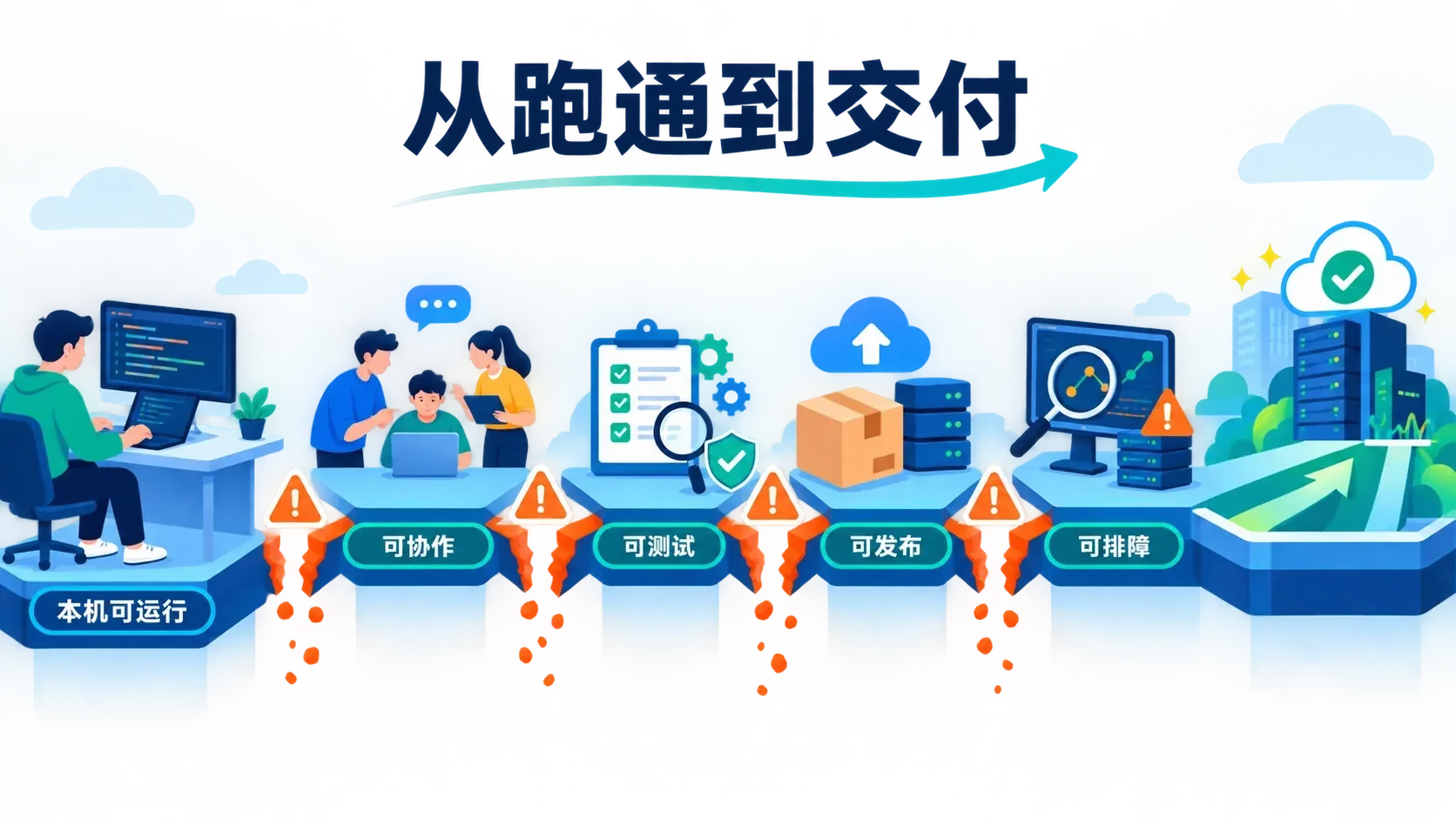 从本机可运行到可协作、可测试、可发布、可排障的交付路径