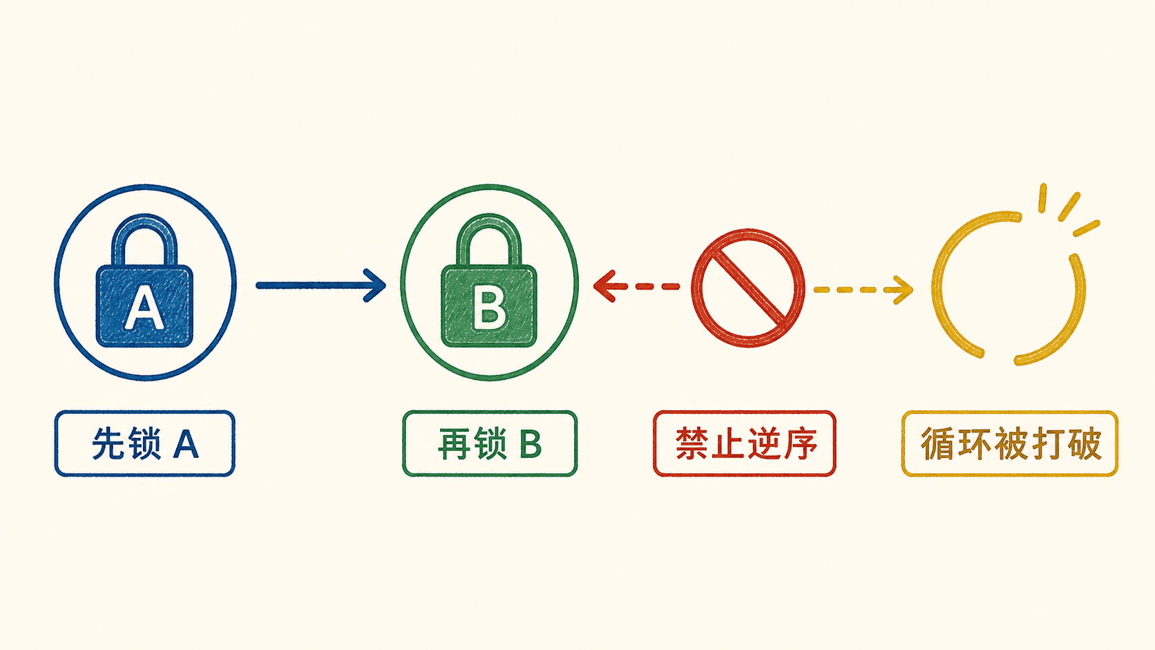所有线程先锁 A 再锁 B,并禁止逆序加锁以打破循环等待