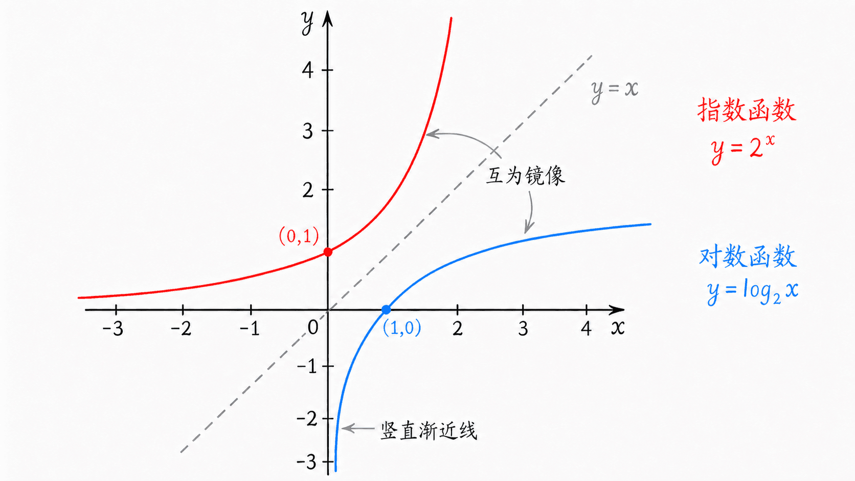指数函数与对数函数的镜像关系 指数函数与对数函数关于直线 y=x 对称的中文手绘图