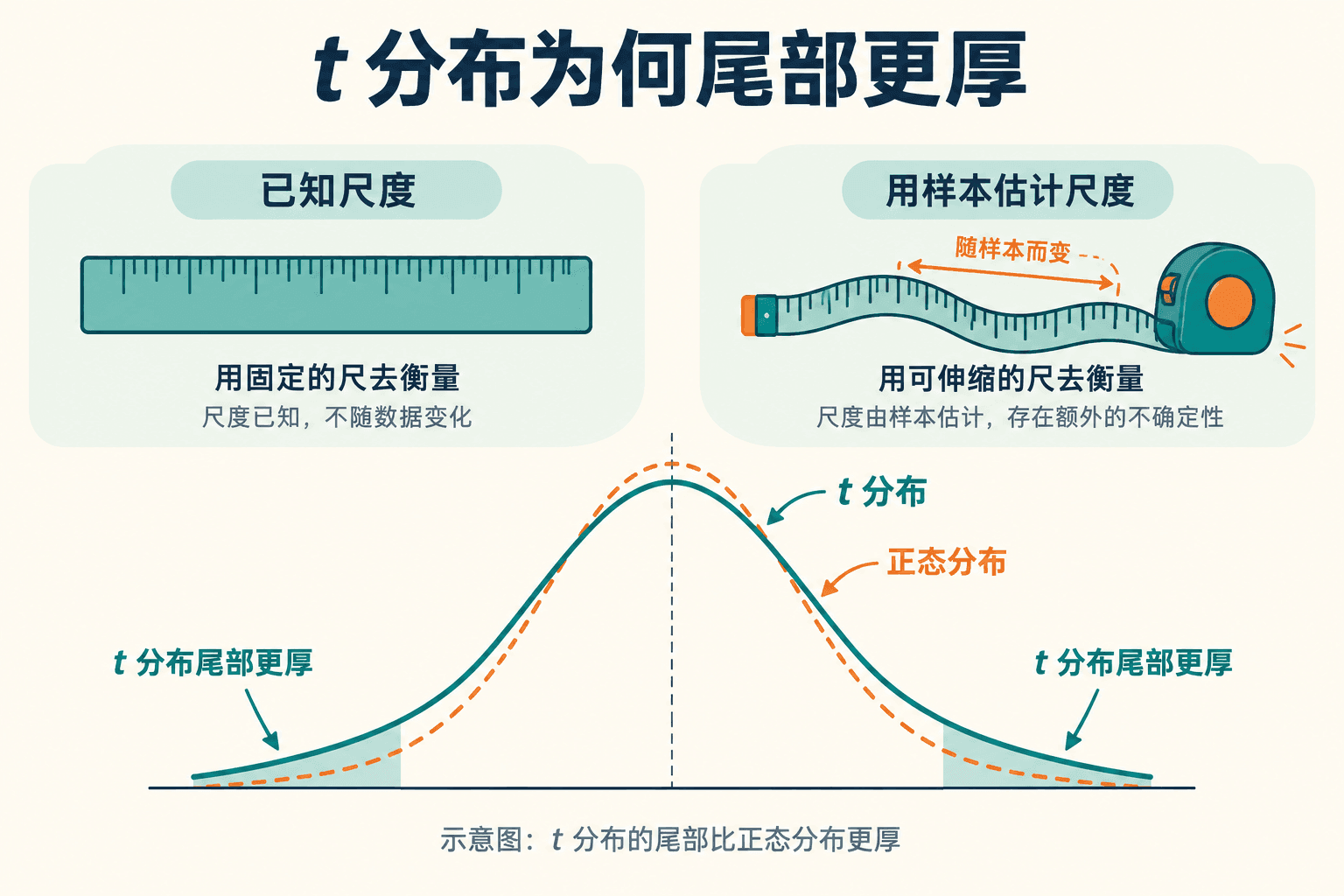 随机分母使 t 分布尾部更厚