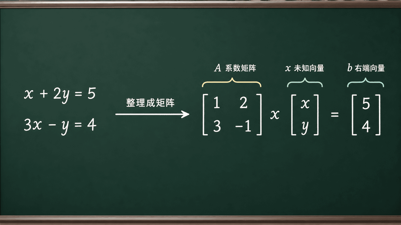 线性方程组整理成矩阵方程 Ax=b 的中文教学插图，展示系数矩阵 A、未知向量 x 和右端向量 b。