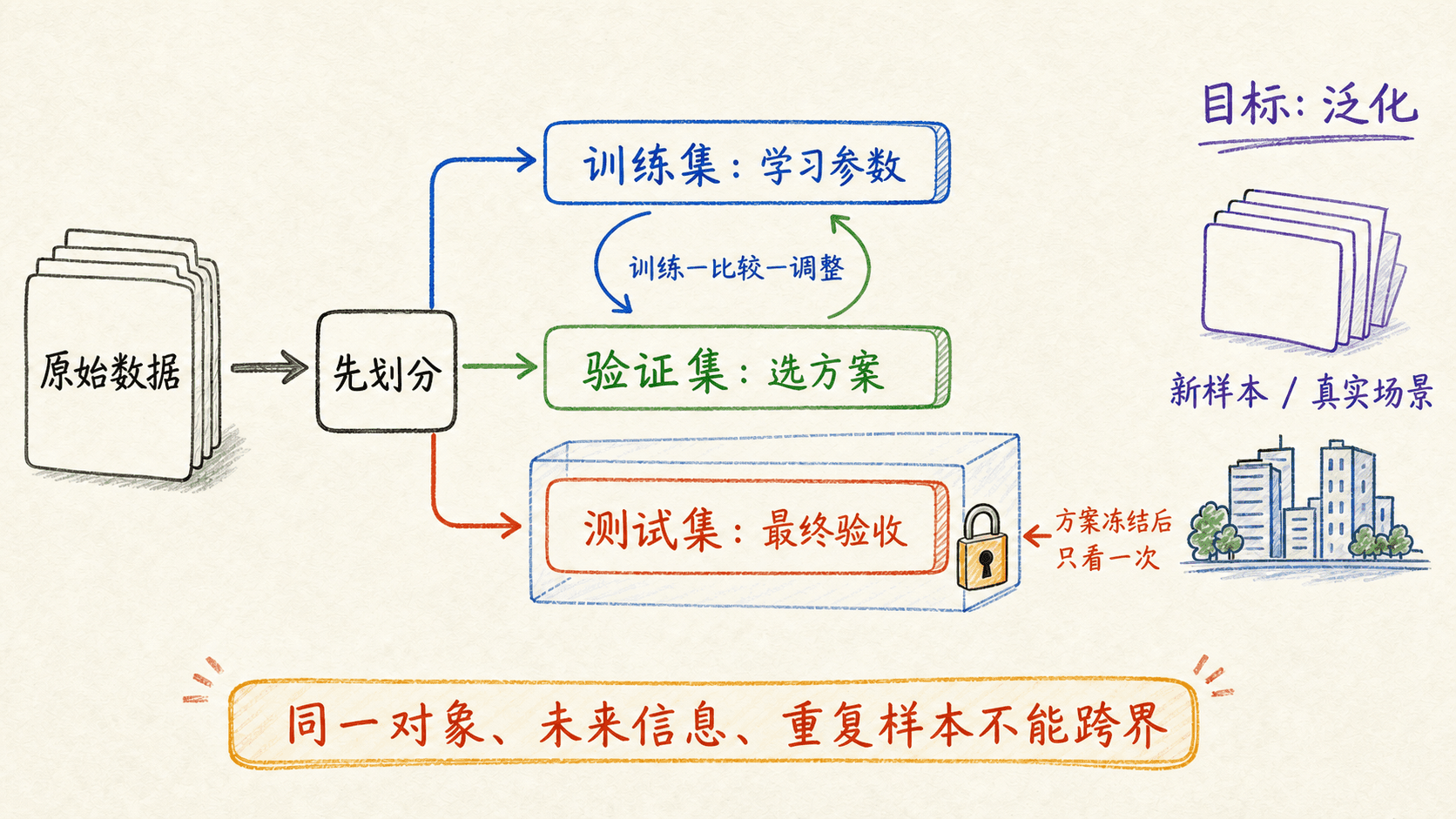 训练集、验证集与隔离测试集的职责分工:训练集学习参数,验证集选择方案,方案冻结后测试集只验收一次,最终目标是泛化到新样本与真实场景