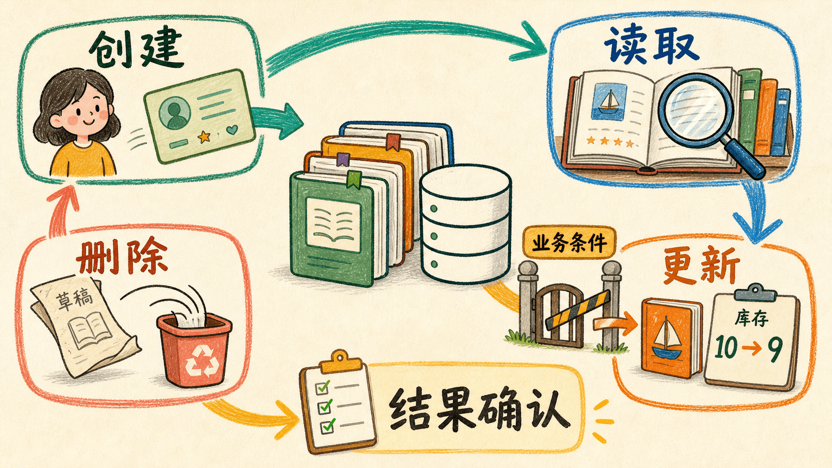 纸舟书店创建、读取、按业务条件更新、安全删除和结果确认的 CRUD 项目流程手绘图