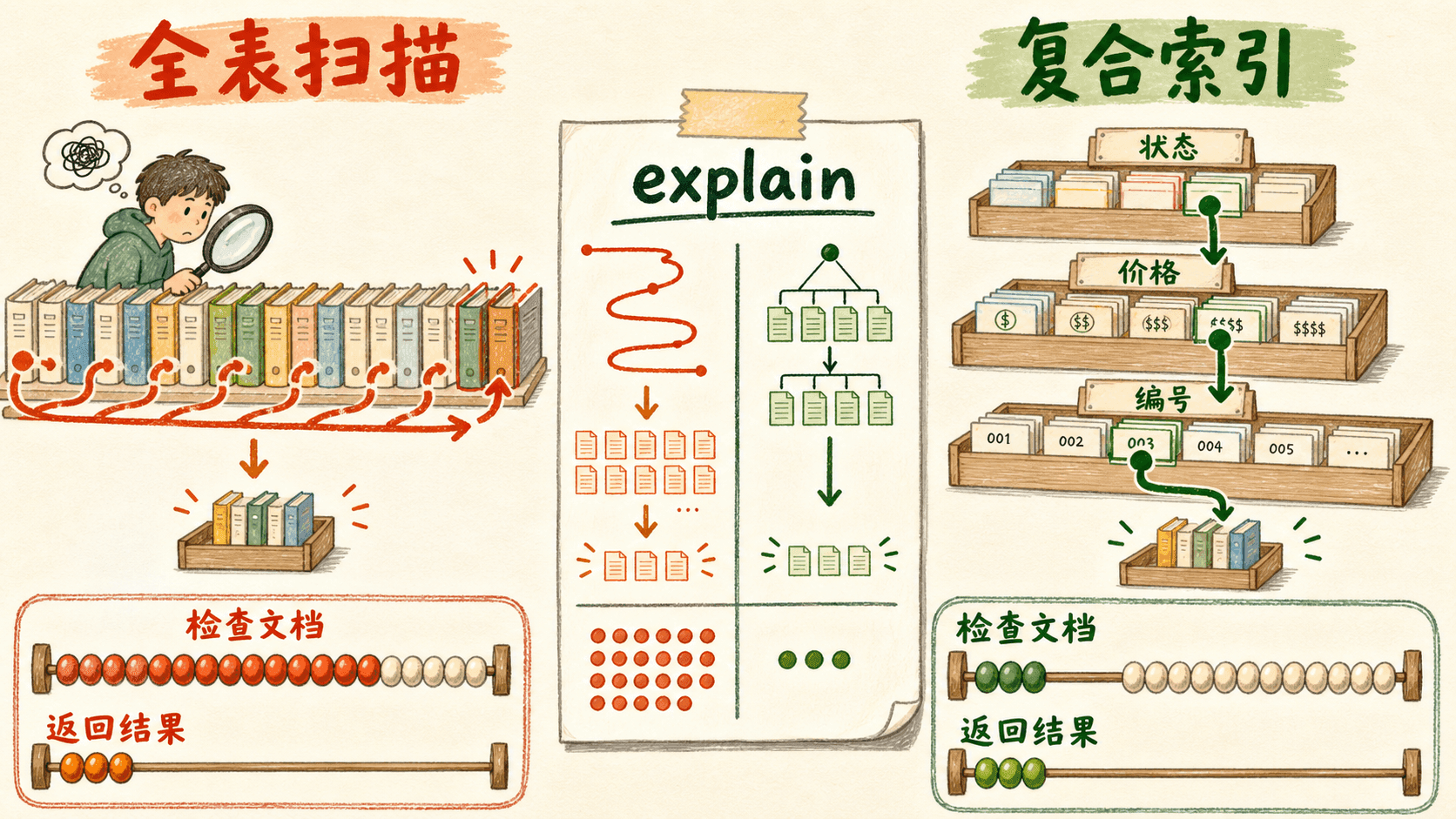 MongoDB 全表扫描与复合索引路径,以及 explain 检查文档量和返回结果量的对照手绘图