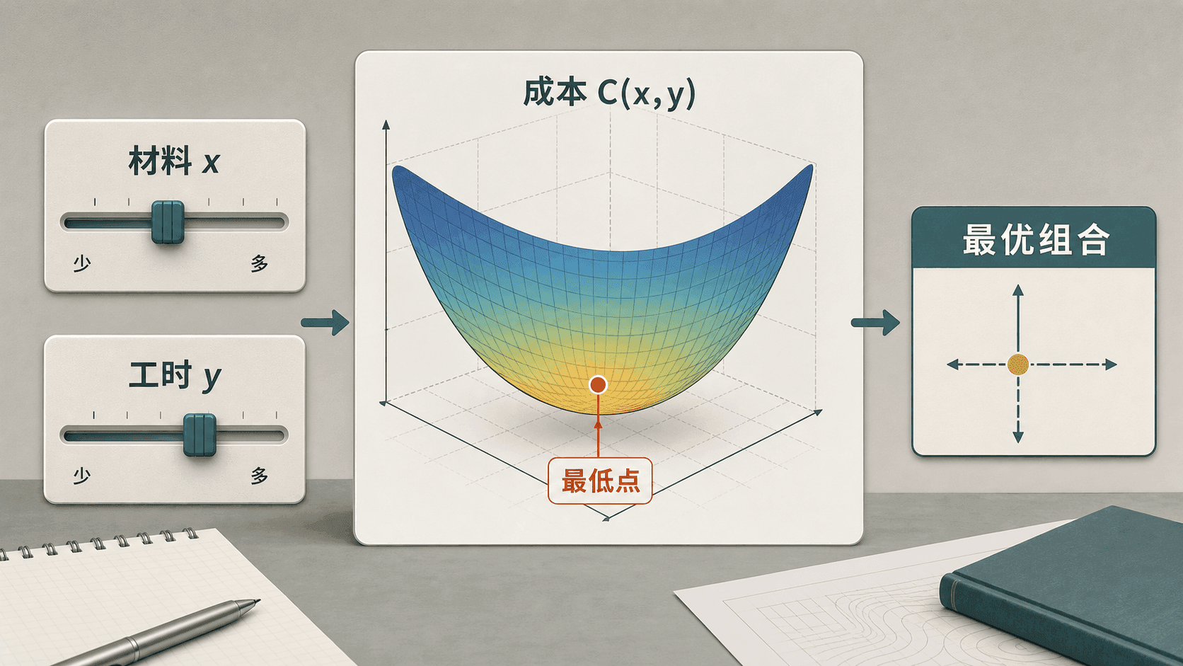 生产设计优化中，两个输入变量决定一个成本曲面，最低点给出最优组合