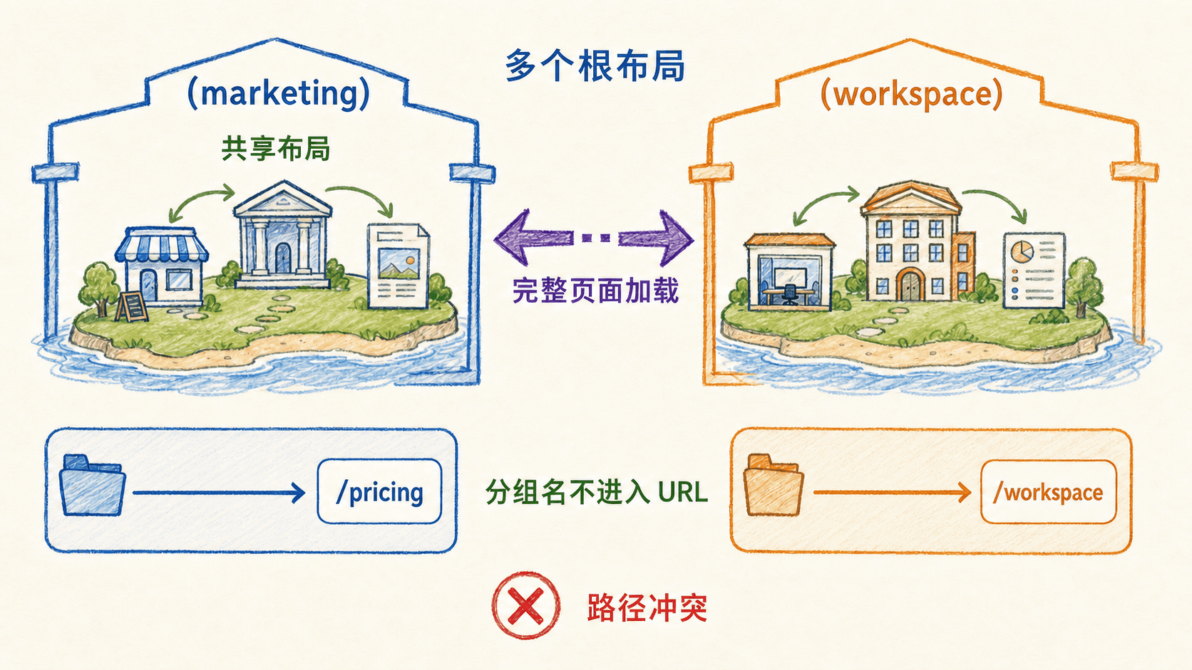 Route Groups 与多个根布局手绘图:分组名不进入 URL,组内共享布局,跨根布局完整加载