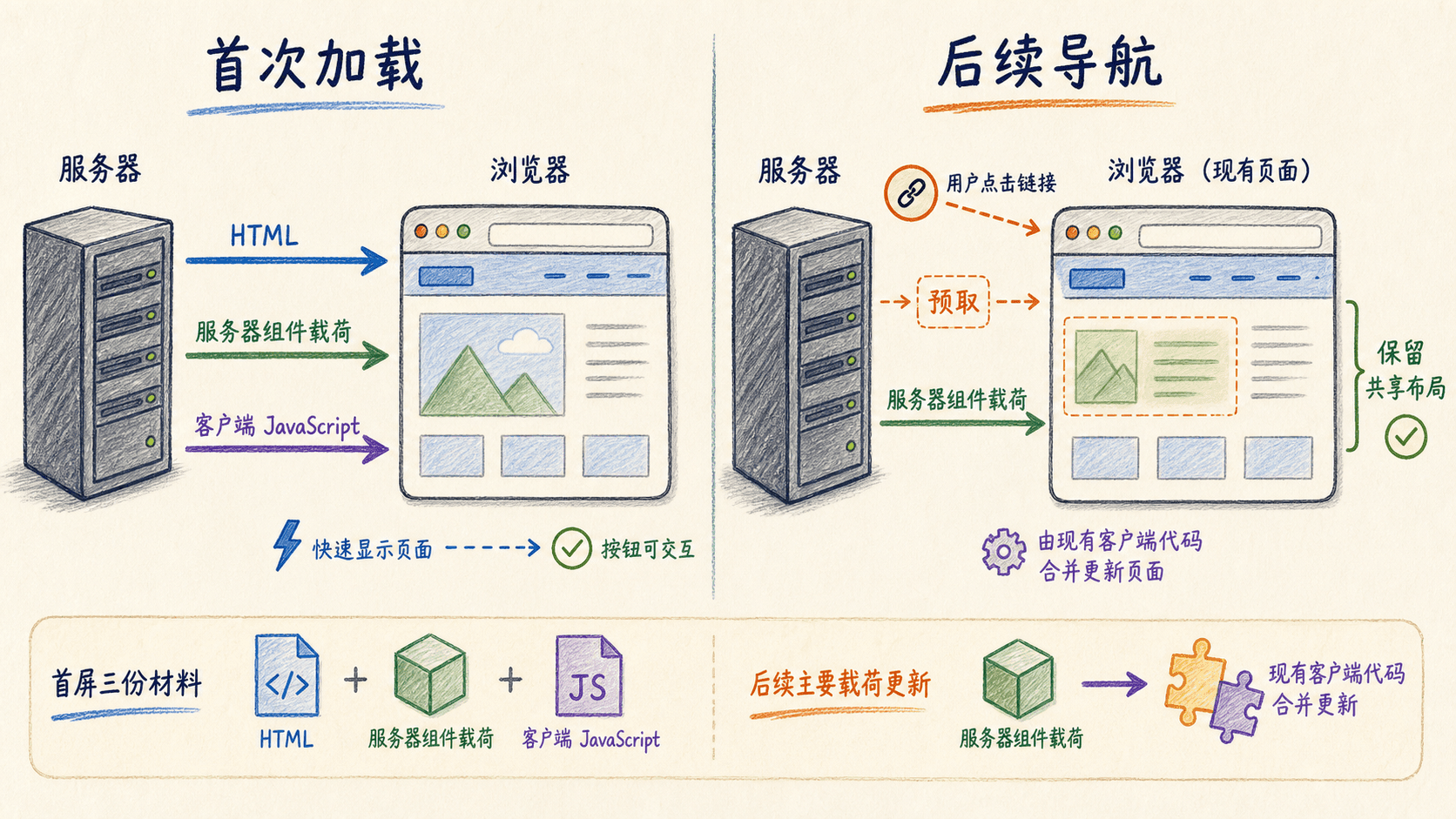 首次加载与后续导航的手绘流程:首次传递 HTML、服务器组件载荷和客户端 JavaScript,后续导航通过预取载荷更新界面