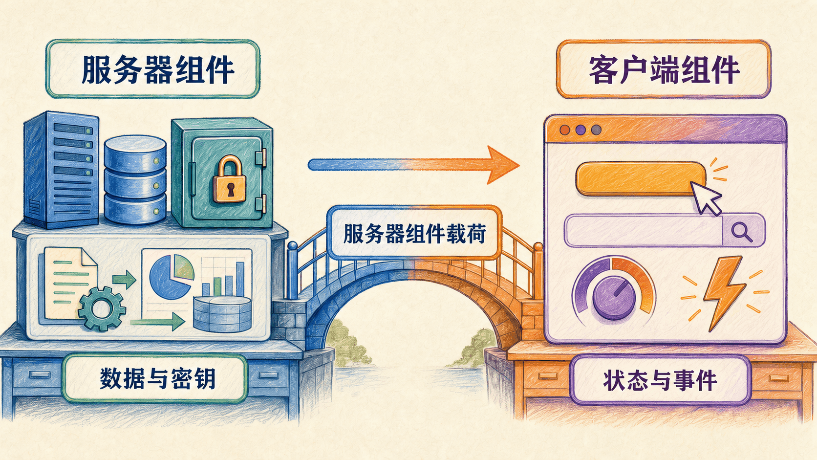 服务器组件与客户端组件的手绘总览:服务器一侧处理数据和密钥,浏览器一侧处理状态和事件,两侧通过服务器组件载荷连接