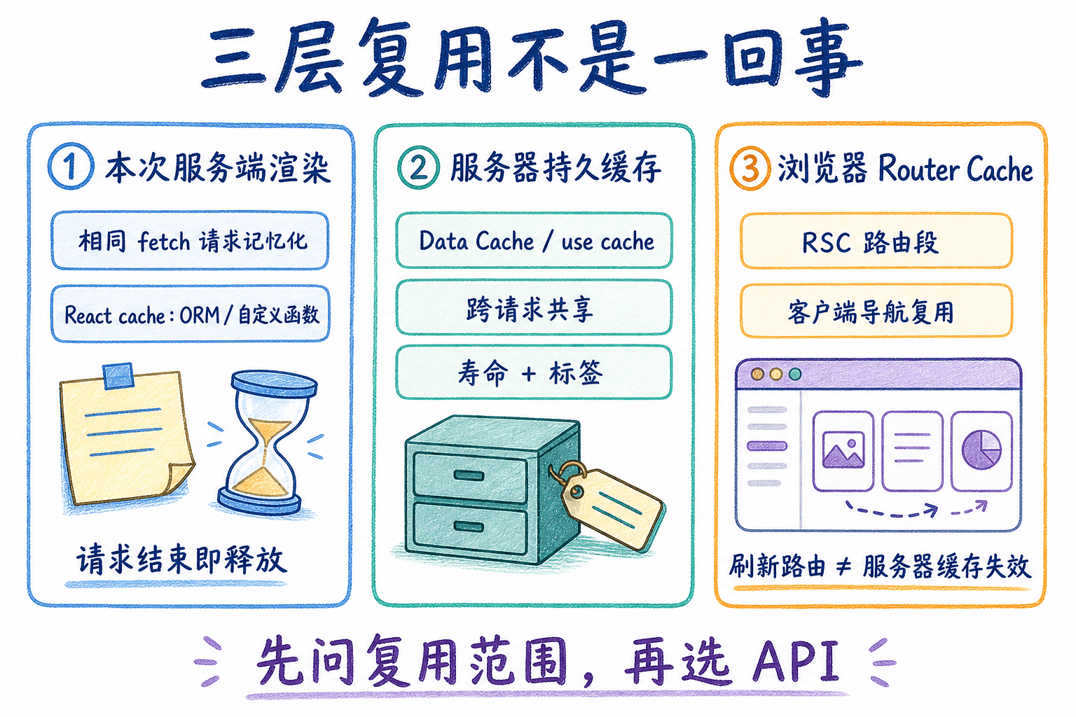 Next.js 三层复用手绘信息图:对比本次服务端渲染记忆化、服务器持久 Data Cache 与 use cache、浏览器 Router Cache 三个范围及其生命周期差异