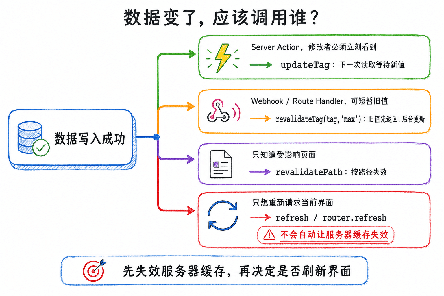 Next.js 数据失效手绘决策图:对比 Server Action 的 updateTag、Webhook 或 Route Handler 的 revalidateTag、按页面的 revalidatePath,以及不负责服务器缓存失效的 refresh