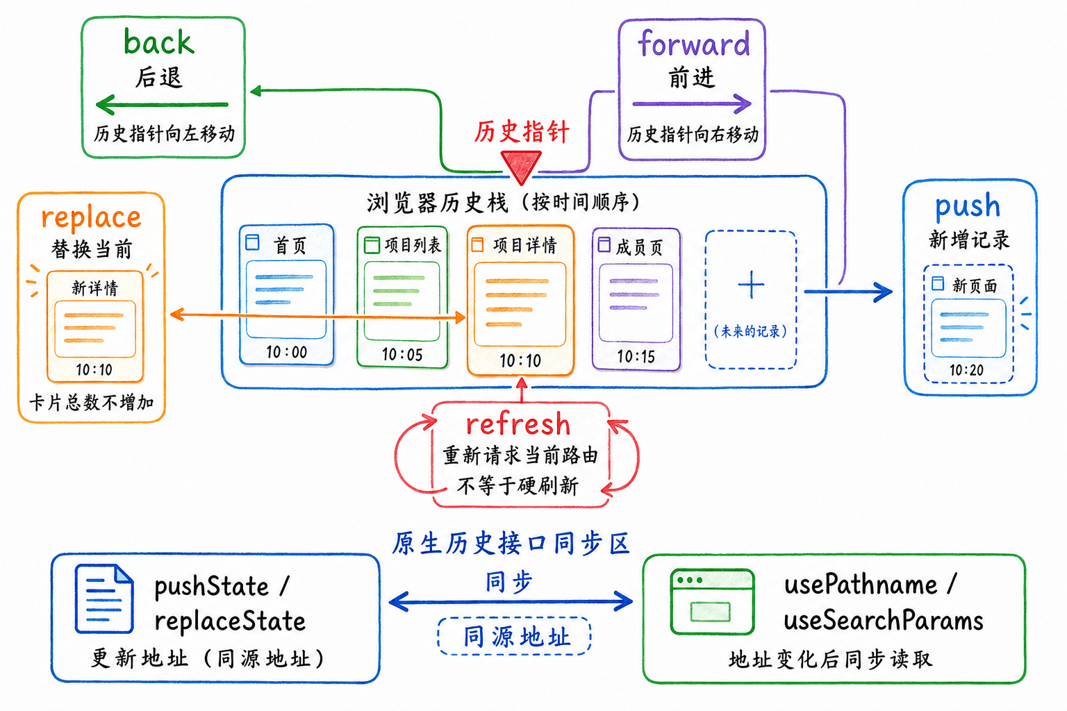 浏览器历史栈手绘图:push 新增记录、replace 替换当前记录、back 和 forward 移动指针、refresh 重新请求当前路由但不等于硬刷新
