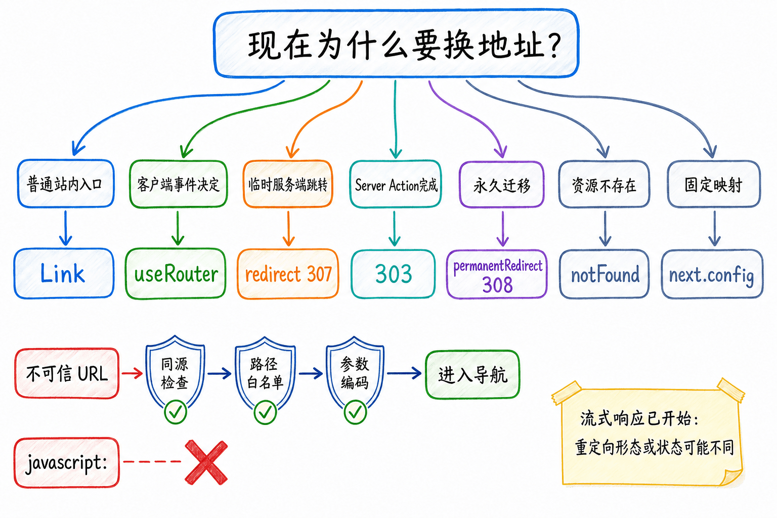 Next.js 导航结果手绘决策树:用户事件选择 Link 或 Router,临时重定向使用 307 或 Server Action 的 303,永久迁移使用 308,资源不存在进入 notFound,并在入口拦截不可信 URL