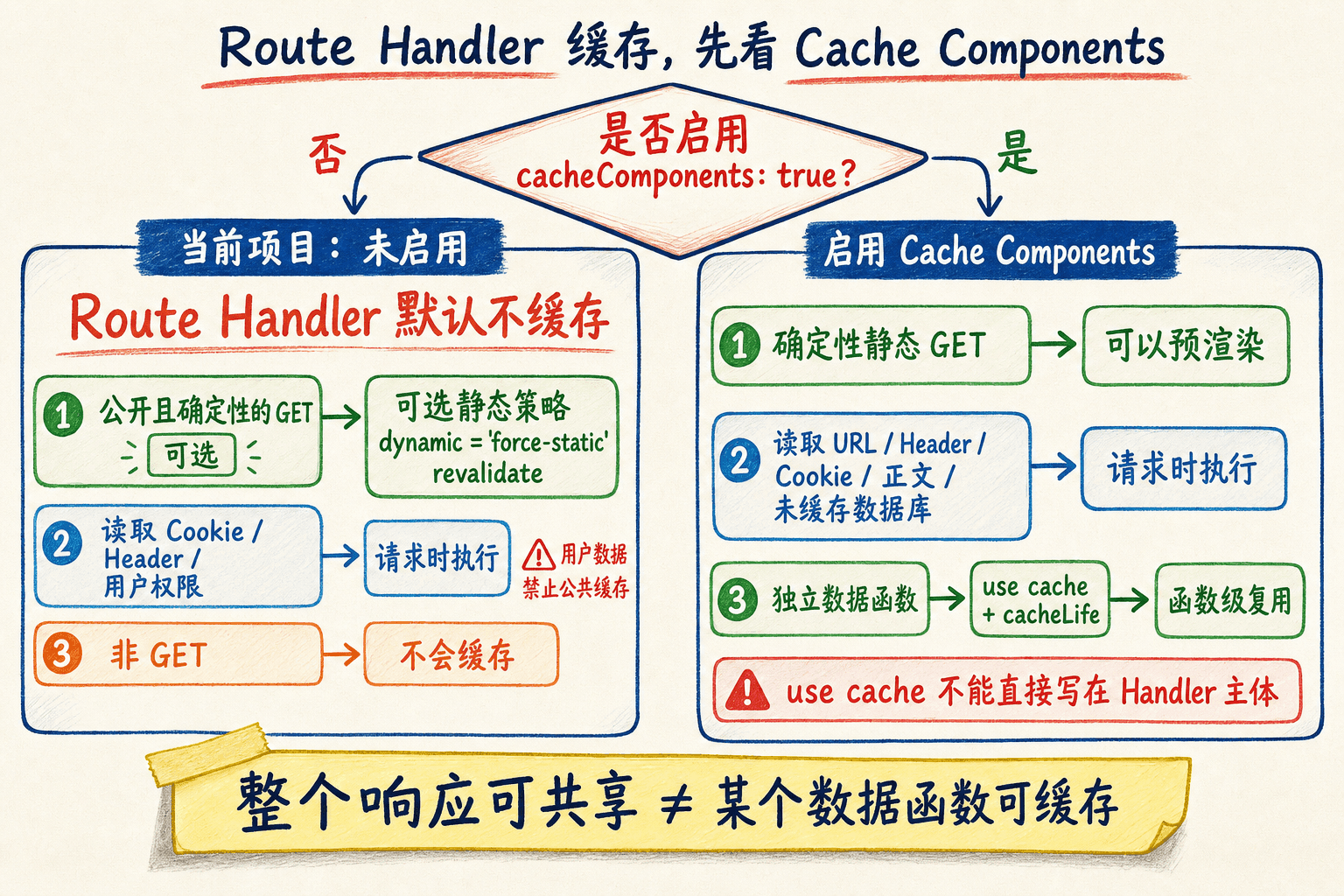 Route Handler 缓存决策手绘图:项目未启用 Cache Components 时默认不缓存并只为确定性公开 GET 选择静态策略,启用后区分可预渲染代码、请求时依赖与独立 use cache 数据函数