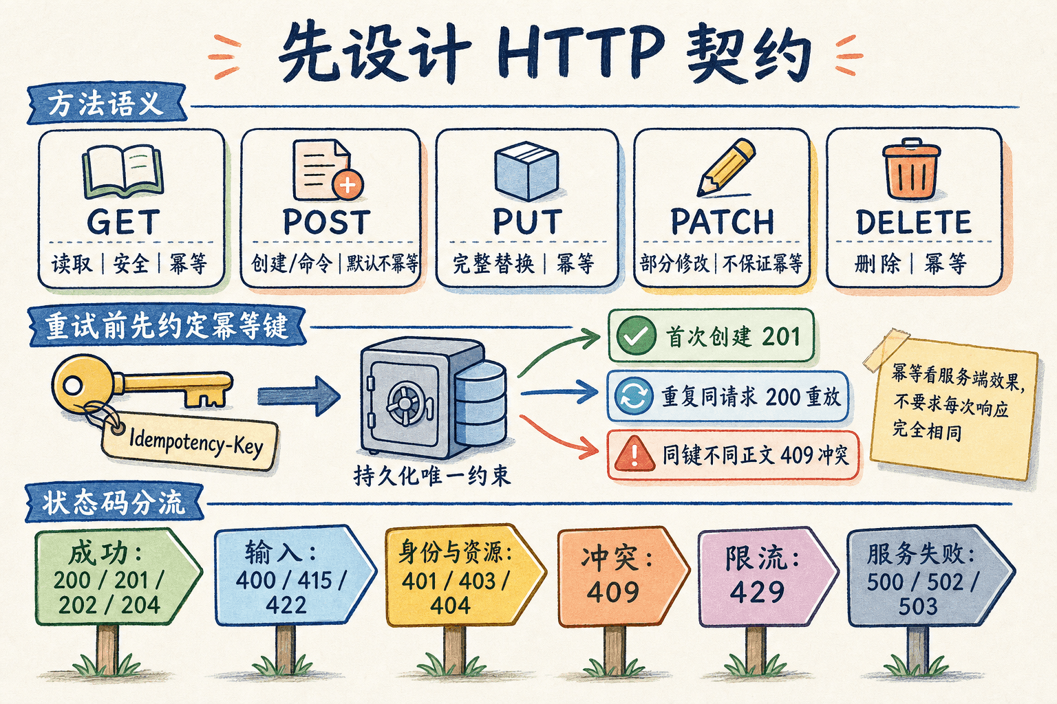 HTTP 契约手绘图:GET、POST、PUT、PATCH、DELETE 的安全与幂等语义,Idempotency-Key 进入持久化唯一约束后分流为首次创建、重复重放和正文冲突,并按业务结果选择状态码