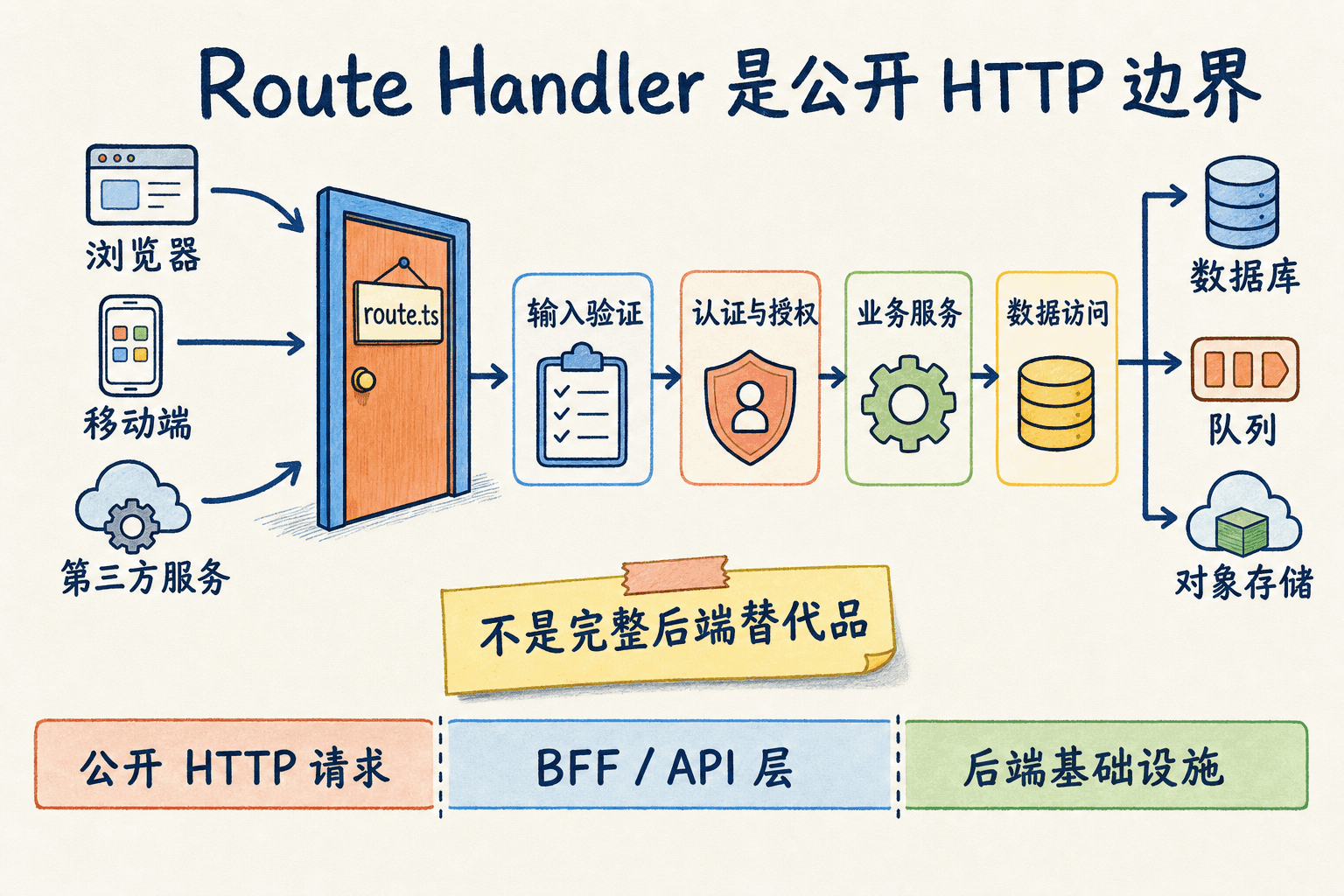 Route Handler 公开 HTTP 边界手绘图:浏览器、移动端和第三方服务进入 route.ts,依次经过输入验证、认证授权、业务服务和数据访问,再连接数据库、队列与对象存储