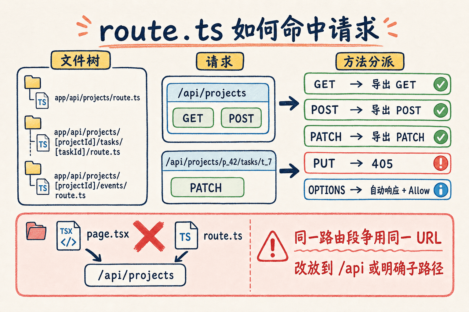 Route Handler 路由解析手绘图:app/api 文件树映射 URL,GET、POST 与 PATCH 命中对应导出,未实现 PUT 返回 405,未声明 OPTIONS 时自动生成 Allow,并提示 page.tsx 与 route.ts 同段冲突
