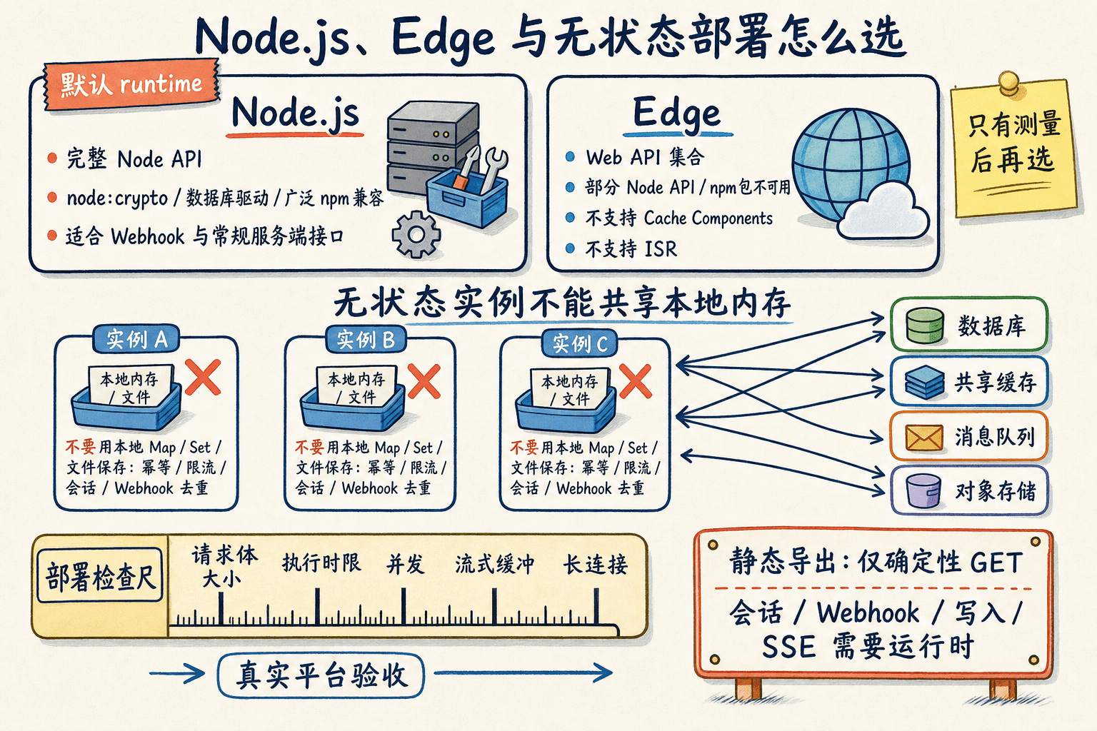 Node.js、Edge 与无状态部署手绘图:Node.js 是默认 runtime,Edge 具有 API 和缓存限制,多实例不能共享本地 Map、Set 与文件,幂等、限流、会话和 Webhook 去重应连接外部持久化设施