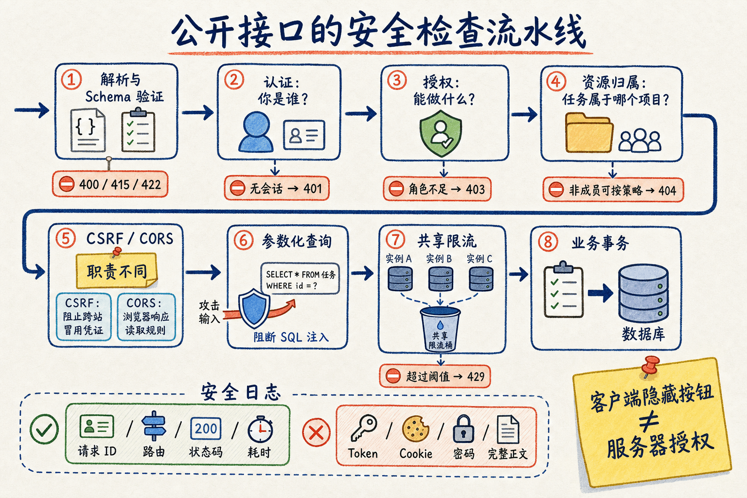 公开 Route Handler 安全检查手绘图:请求经过 Schema 验证、认证、授权、资源归属、CSRF 与 CORS 判断、参数化查询、共享限流和业务事务,日志保留请求 ID 与状态而排除凭证和正文