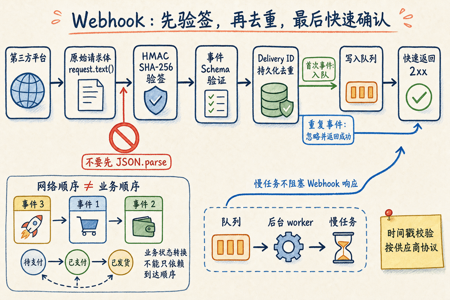 Webhook 可靠处理手绘图:第三方请求先保留原始正文,经过 HMAC 验签、事件 Schema 验证和 Delivery ID 持久化去重后入队并快速返回 2xx,重复与乱序事件由幂等消费者处理