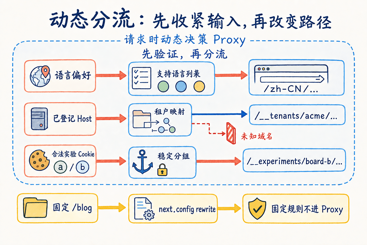 动态路由输入收紧手绘图:语言偏好从支持语言列表选择 locale,已登记 Host 映射租户,合法实验 Cookie 固定 A/B 分组,固定跨 Zone 路由交给 next.config rewrite。