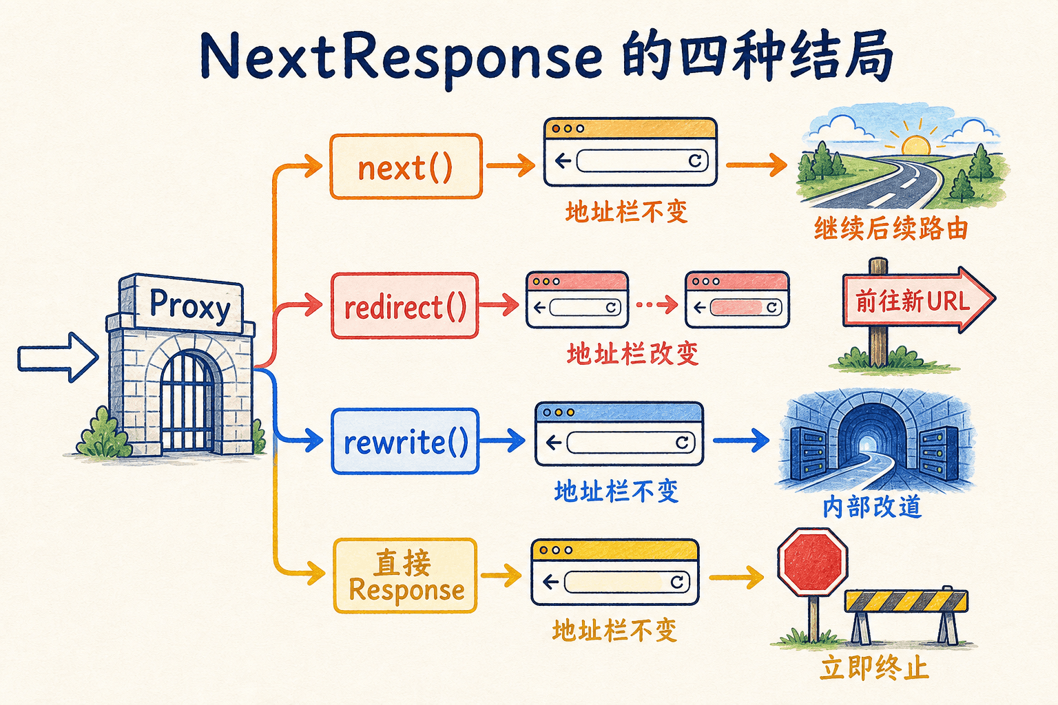 NextResponse 四种结局手绘图:next 保持地址并继续路由,redirect 改变地址,rewrite 保持地址并内部改道,直接 Response 终止请求。