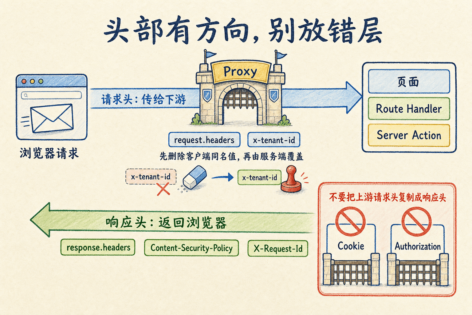 Proxy 请求头与响应头方向手绘图:请求头向下游传递,响应头向浏览器返回,敏感请求头不得复制到响应。