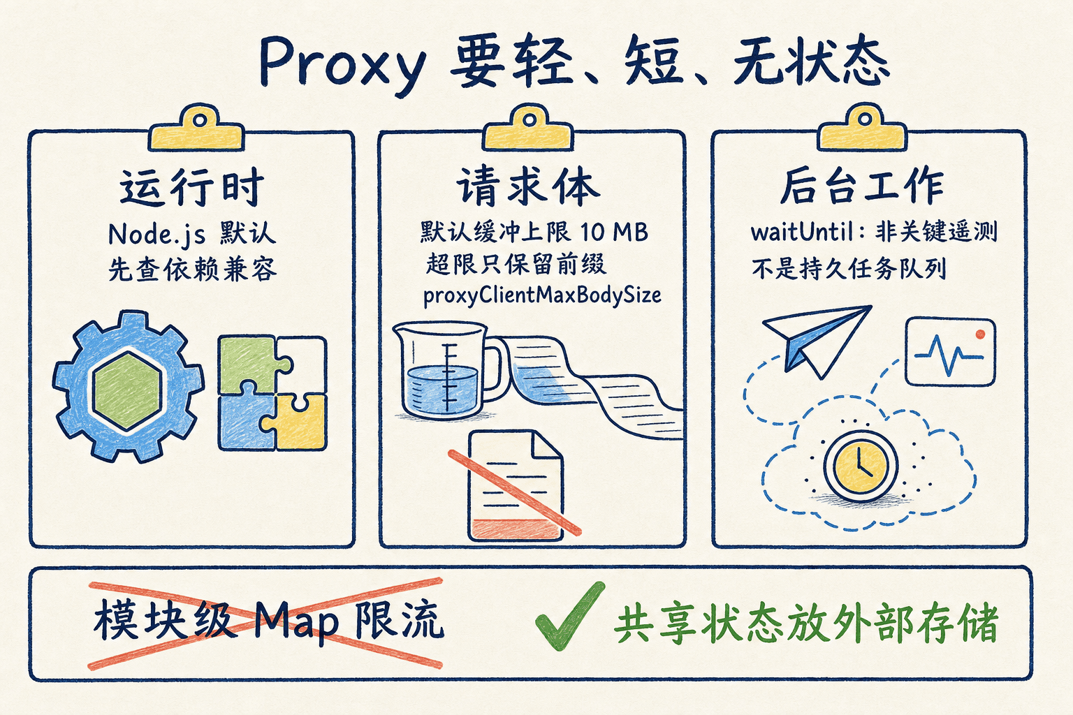 Proxy 运行时、请求体与后台任务边界手绘图:Node.js 默认,10 MB 缓冲上限,waitUntil 非持久队列,共享状态放外部存储。