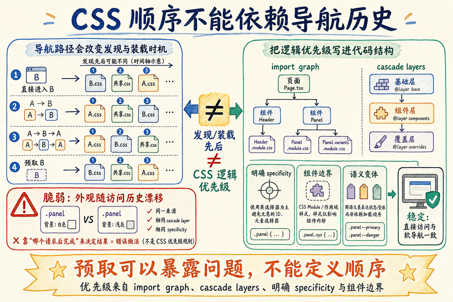 CSS 导航顺序手绘图:不同访问路径可能改变样式资源发现时机,但逻辑优先级必须由导入图、层叠层、专用性和组件边界定义。