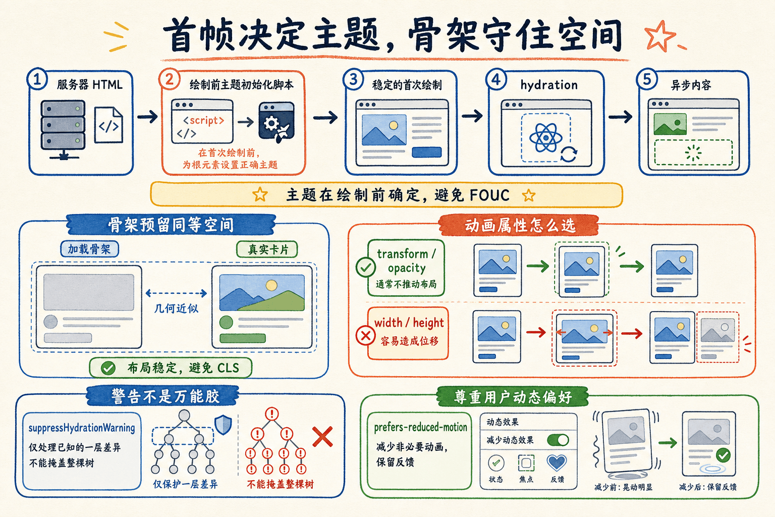 FOUC 与 CLS 时间线手绘图:主题在首次绘制前确定,等尺寸骨架预留空间,动画优先使用不推动布局的属性并尊重减少动态偏好。