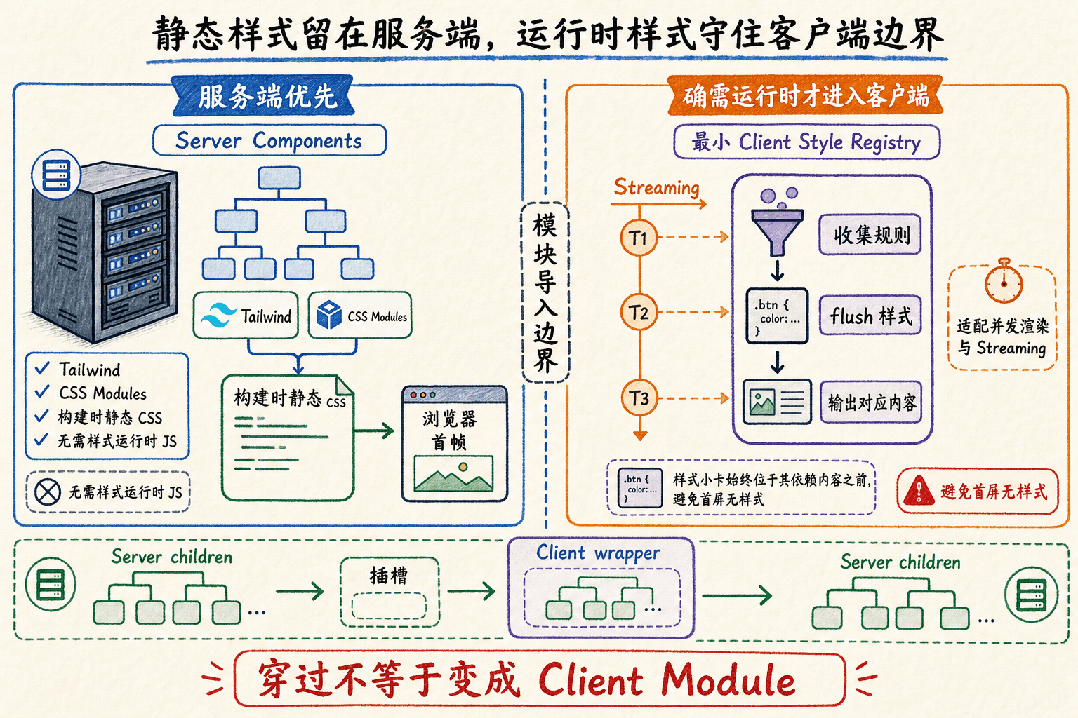 Next.js 样式服务器与客户端边界手绘图:静态 CSS 留在 Server Components,运行时 CSS-in-JS 由最小客户端 registry 收集并在内容前流式刷新样式。