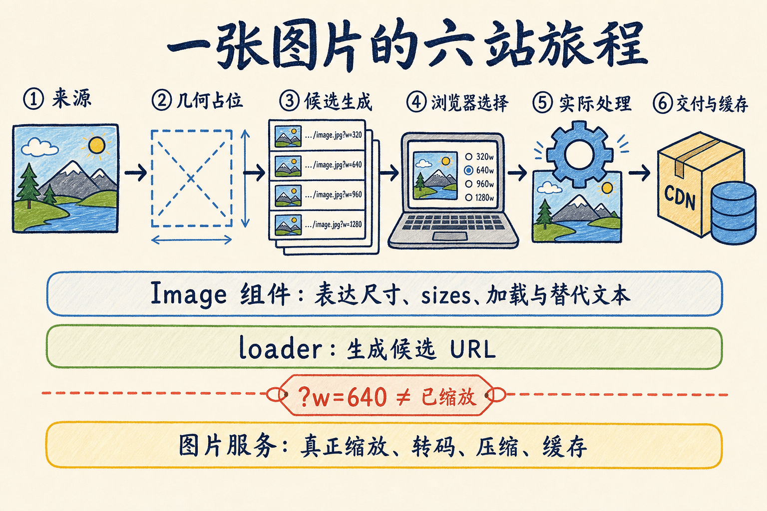 Next.js 图片从来源、几何占位、候选生成、浏览器选择、实际处理到 CDN 交付缓存的六站手绘图。