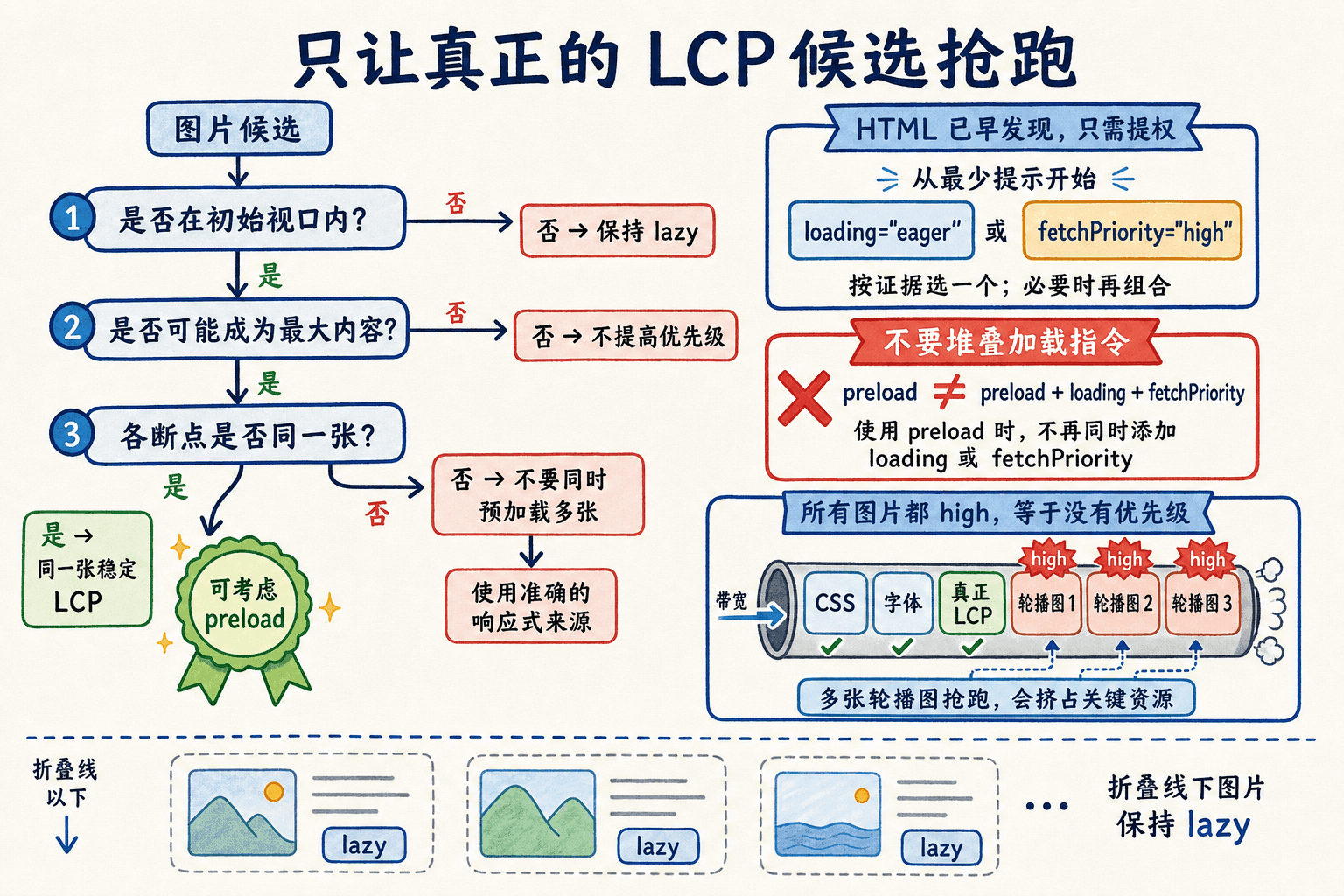 Next.js LCP 图片加载策略手绘图:三问确认真正候选,稳定主图可考虑 preload,已早发现图片最少提权,折叠线下保持懒加载。