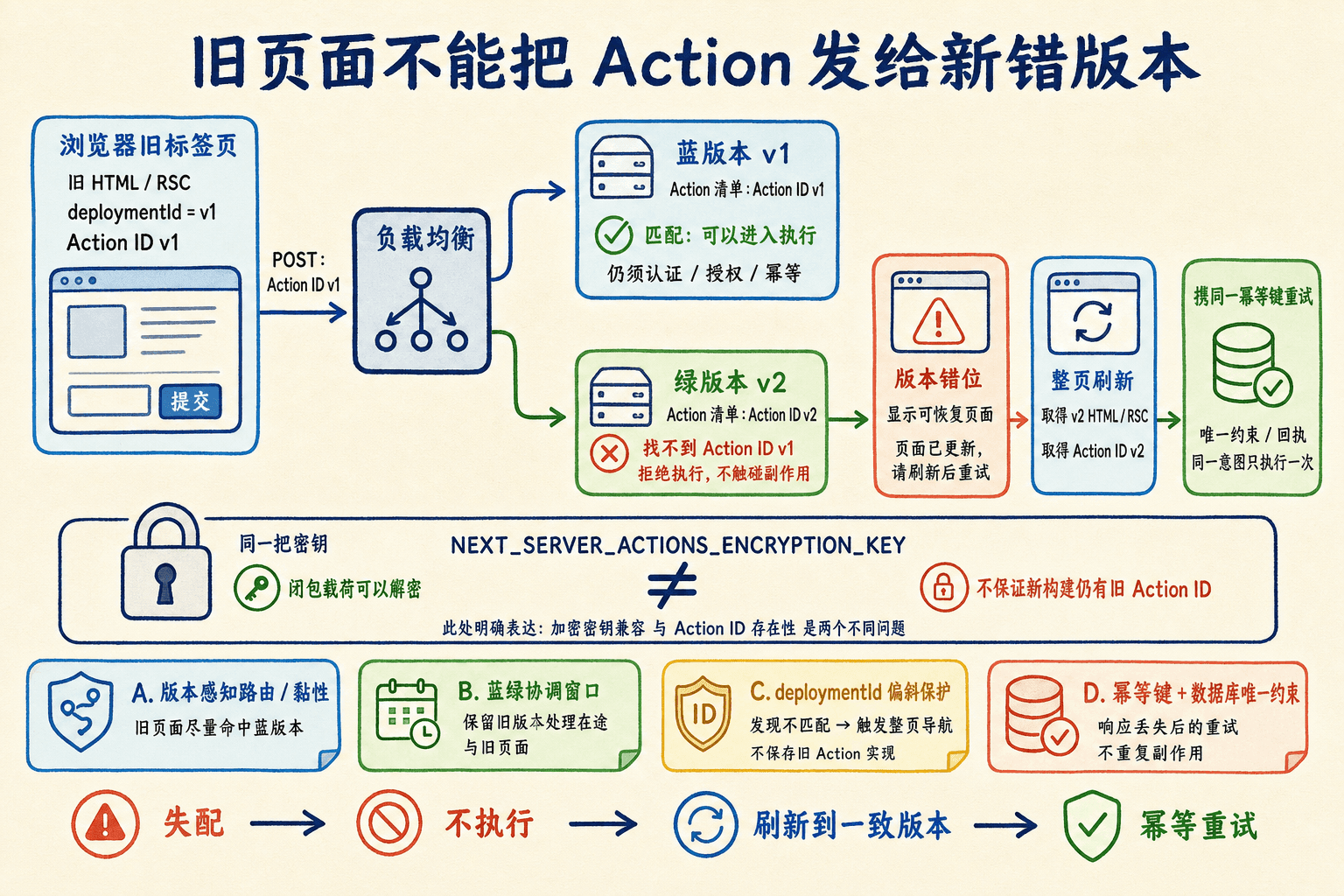 Server Action 部署版本错位手绘图:旧页面 Action ID 必须命中兼容部署,失配时不执行副作用而是刷新并幂等重试。