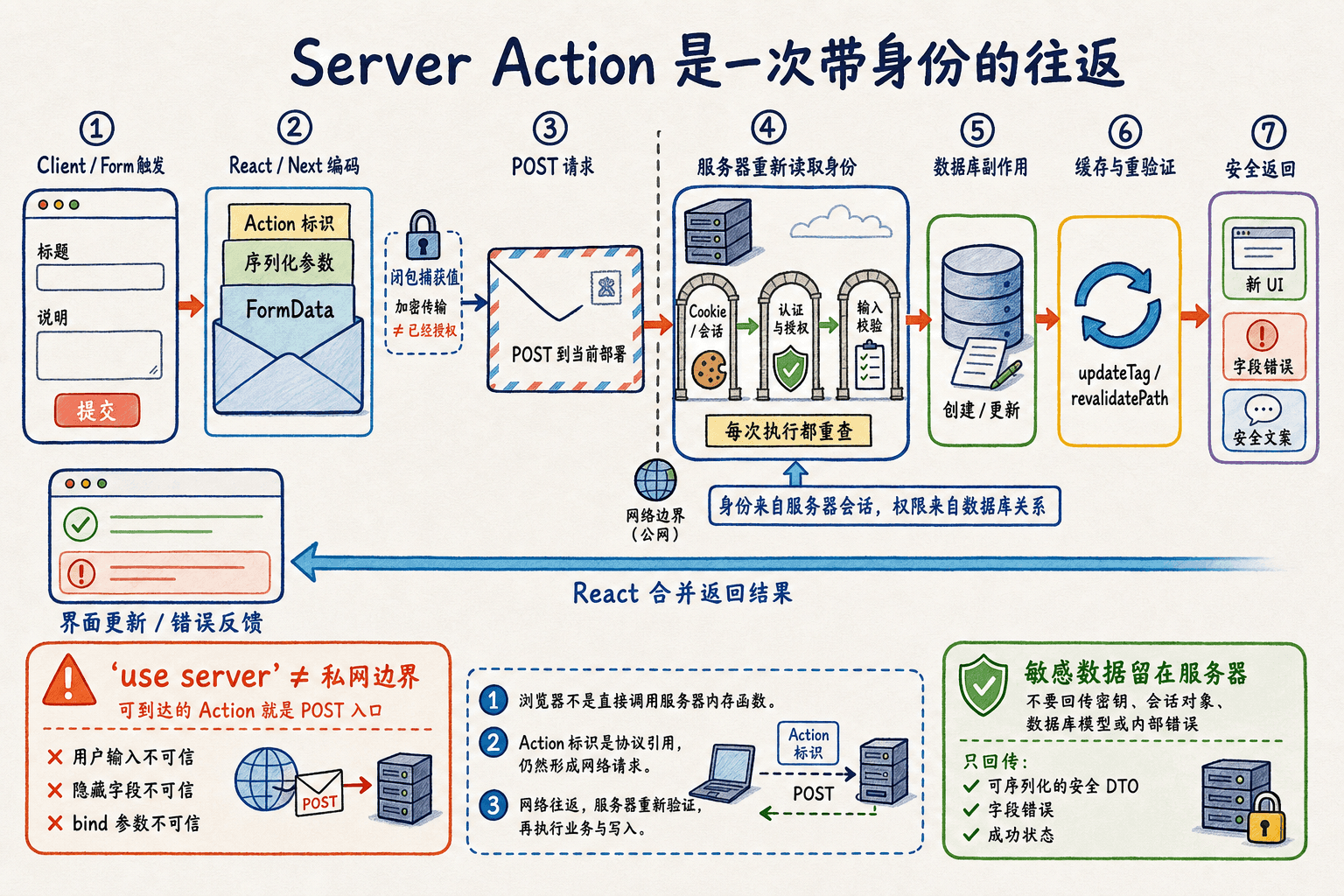 Server Action 请求往返手绘图:表单经 POST 到部署,服务器每次重做认证授权与校验,再写库、刷新缓存并只返回安全结果。