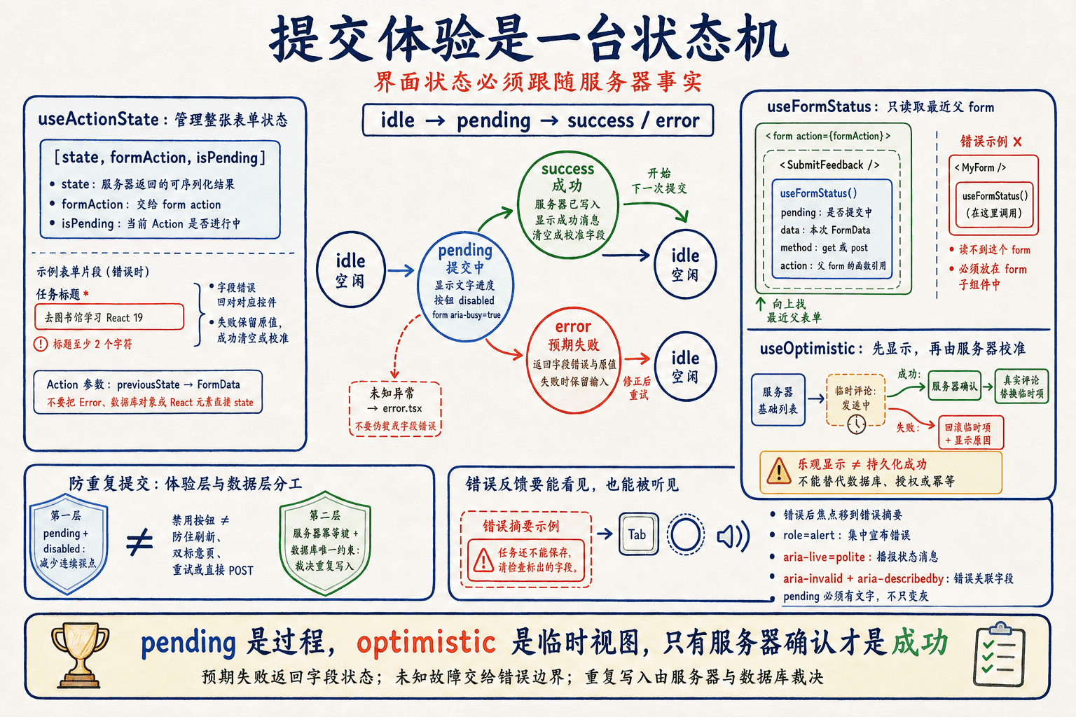 Server Action 提交状态机手绘图:idle、pending、success 与 error 配合 useActionState、useFormStatus、乐观更新和无障碍反馈。