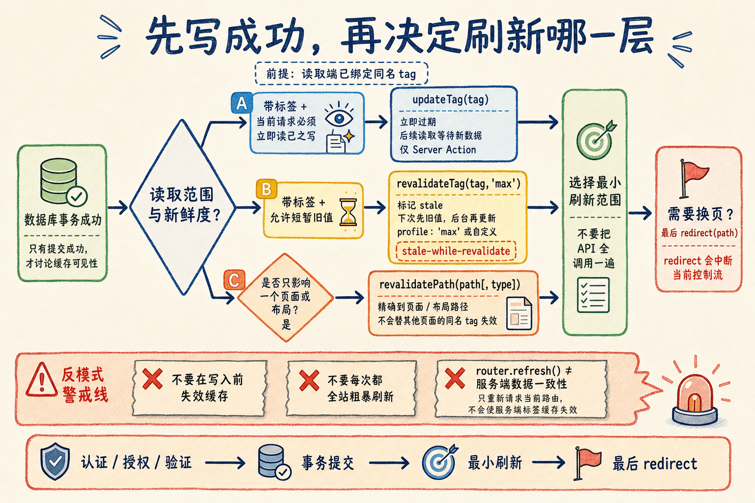 mutation 后缓存刷新决策手绘图:事务成功后按读己之写、允许陈旧和路径范围选择 updateTag、revalidateTag 或 revalidatePath。