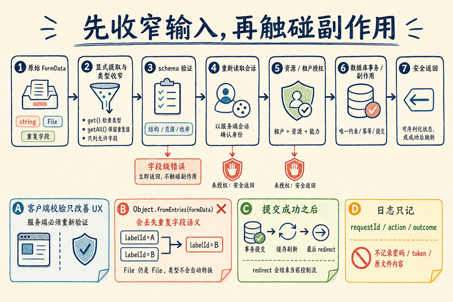 FormData 安全流水线手绘图:显式提取、schema 验证、会话重读、租户授权和事务依次短路,成功后才刷新与跳转。