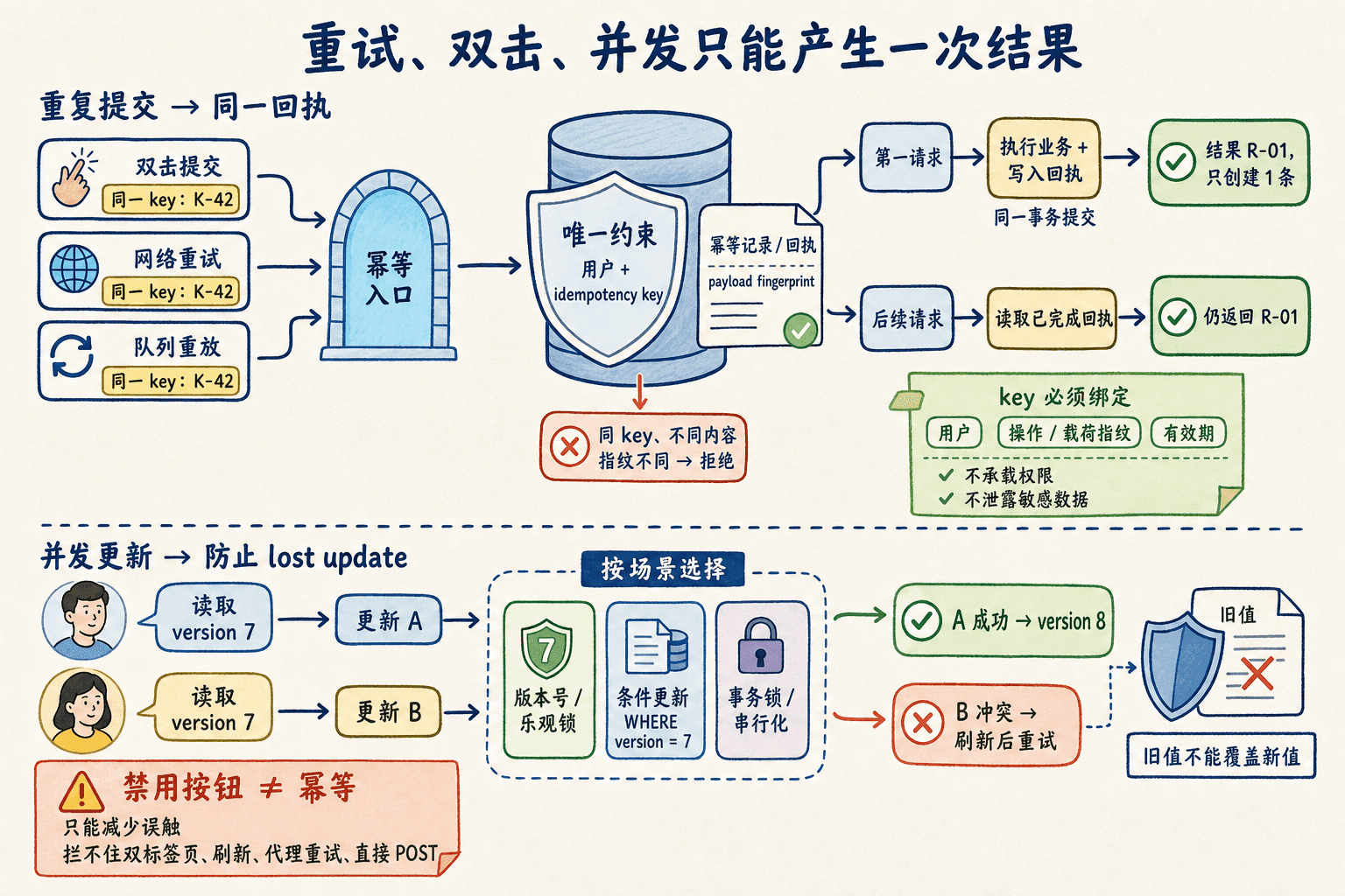 幂等与并发防护手绘图:双击、重试和队列重放复用同一回执,版本号、条件更新或事务锁阻止 lost update。