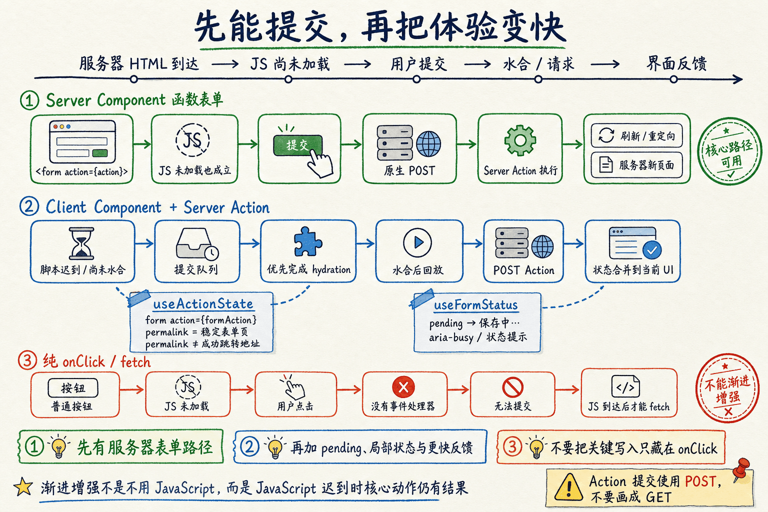 Server Action 渐进增强时间线手绘图:服务器表单无 JavaScript 仍可提交,客户端表单在水合前排队,纯 onClick 则依赖脚本。