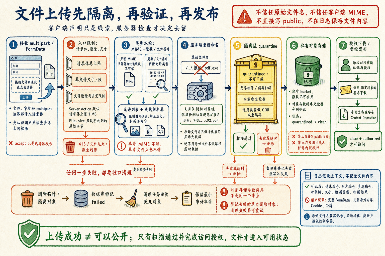安全文件上传管线手绘图:限制体积数量、双检类型、随机命名、隔离扫描、私有存储,授权后才受控发布。
