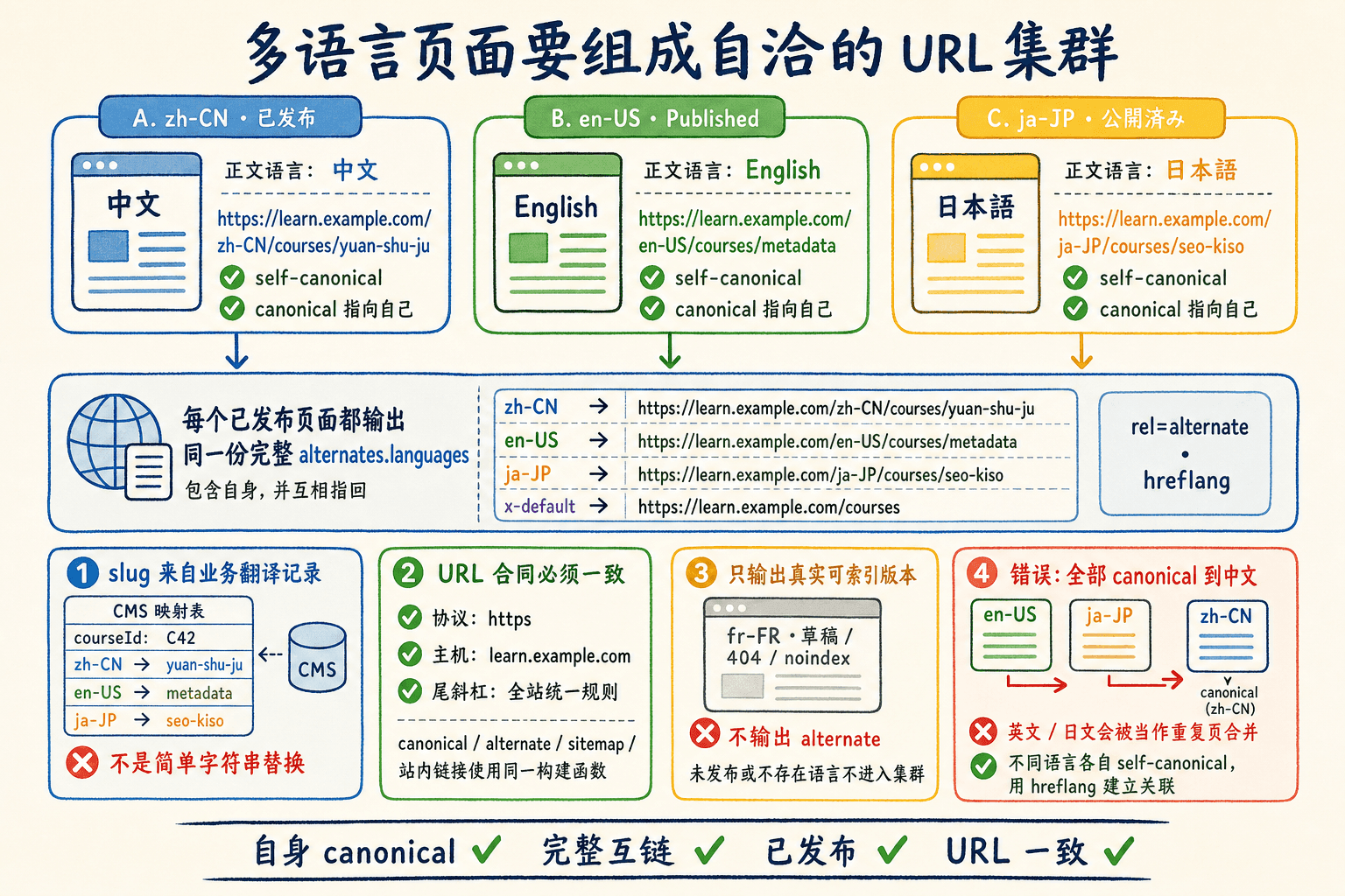 多语言 canonical 集群手绘图:已发布语言各自 self-canonical、完整互链并共享一致 URL 合同,草稿不进入集群。