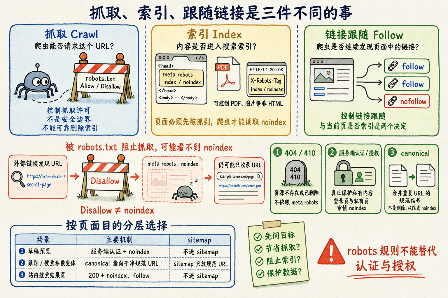 抓取索引跟随策略手绘图:robots.txt、meta robots、X-Robots-Tag、状态码、认证与 canonical 分别承担不同职责。