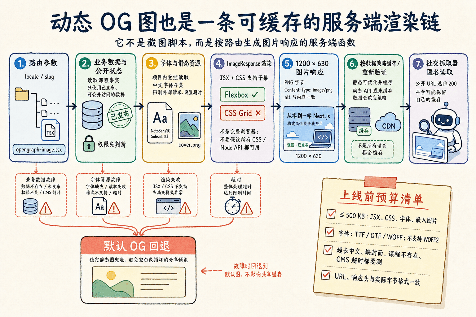 动态 OG 服务端渲染链手绘图:路由数据、字体和资源经 ImageResponse 生成 1200×630 响应,失败回退默认图并按策略缓存。