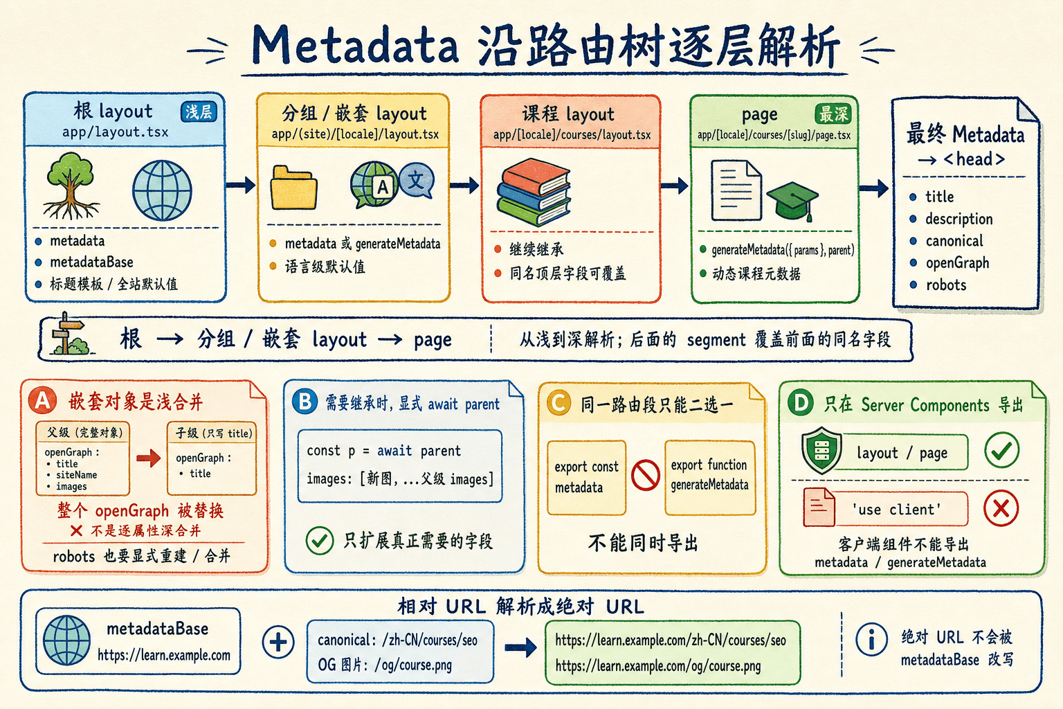 Metadata 路由树解析手绘图:根 layout 到 page 从浅到深覆盖,嵌套对象需显式继承,metadataBase 解析相对 URL。