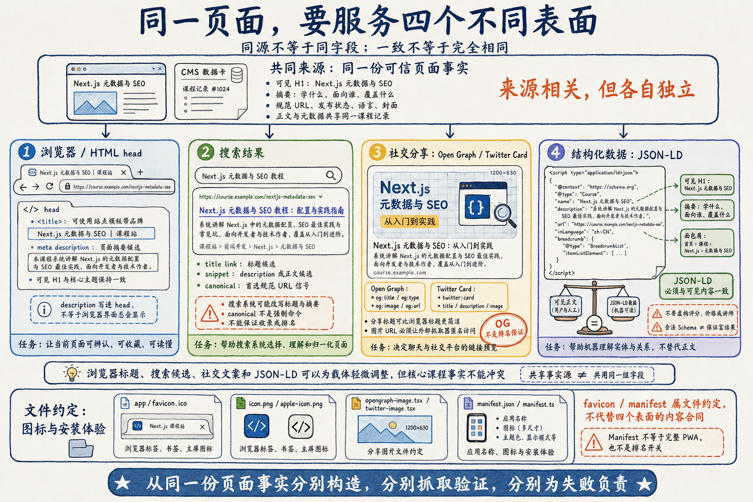 页面四个呈现表面手绘图:浏览器、搜索结果、社交卡与 JSON-LD 源自同一事实,但各自字段和失败责任独立。